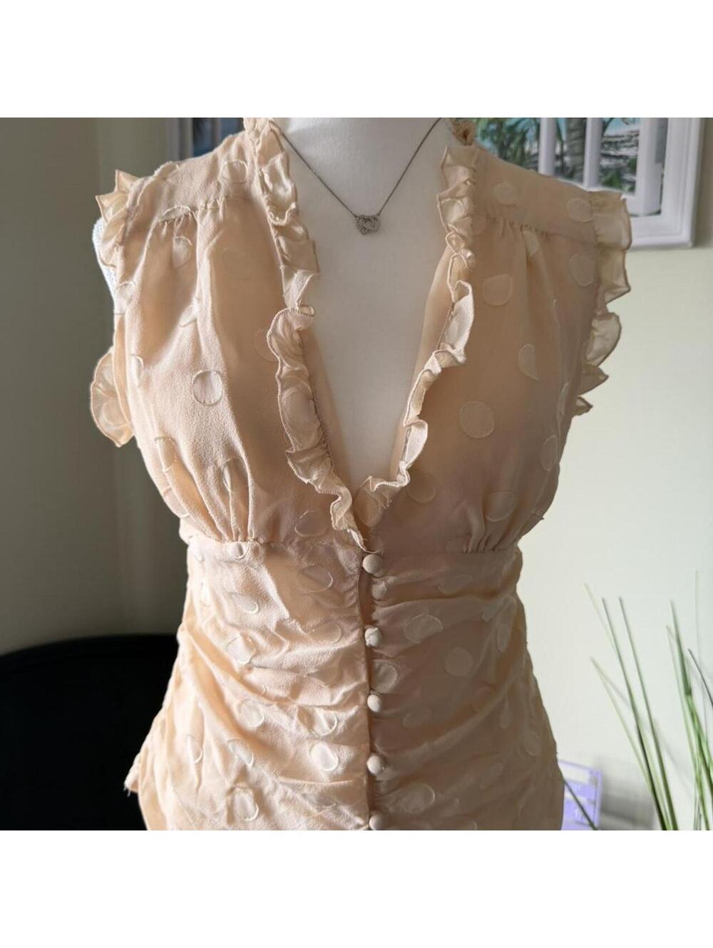 Helen Wang Cream and Tan Silk Blend Ruffled Blouse, Size Medium